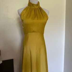 Elegant Mustard Satin Halter Neck Formal wedding guest Dress